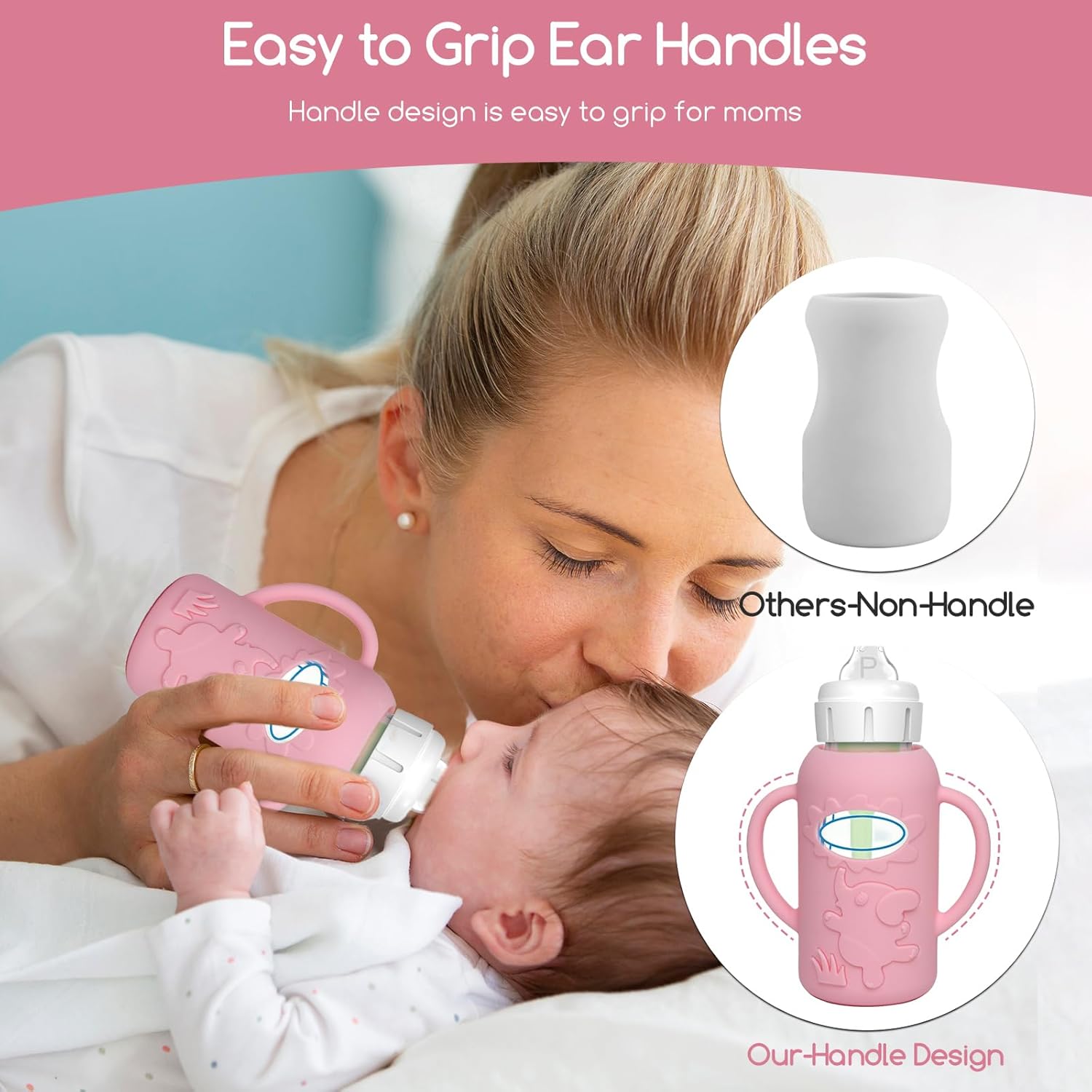 WAJIAYON 4 Pack Silicone Sleeves for Dr. Brown's Glass Baby Bottles -Drop Protection Easy-Grip Baby Bottle Sleeves Holder with Handles, Compatible with Dr. Brown's Newborn Glass Bottles 4 oz/120 ml